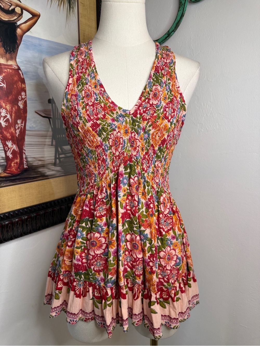 Angie Pink Multi Floral Smocked V-Neck Tank
